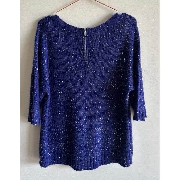 Allen B by Allen Schwartz Womens Blue Sequin Knit Sweater Top 3/4 Sleeve Size L - Picture 7 of 14